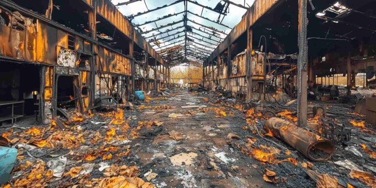 Severely fire-damaged commercial building interior with debris and active flames requiring professional fire restoration services in Orlando.
